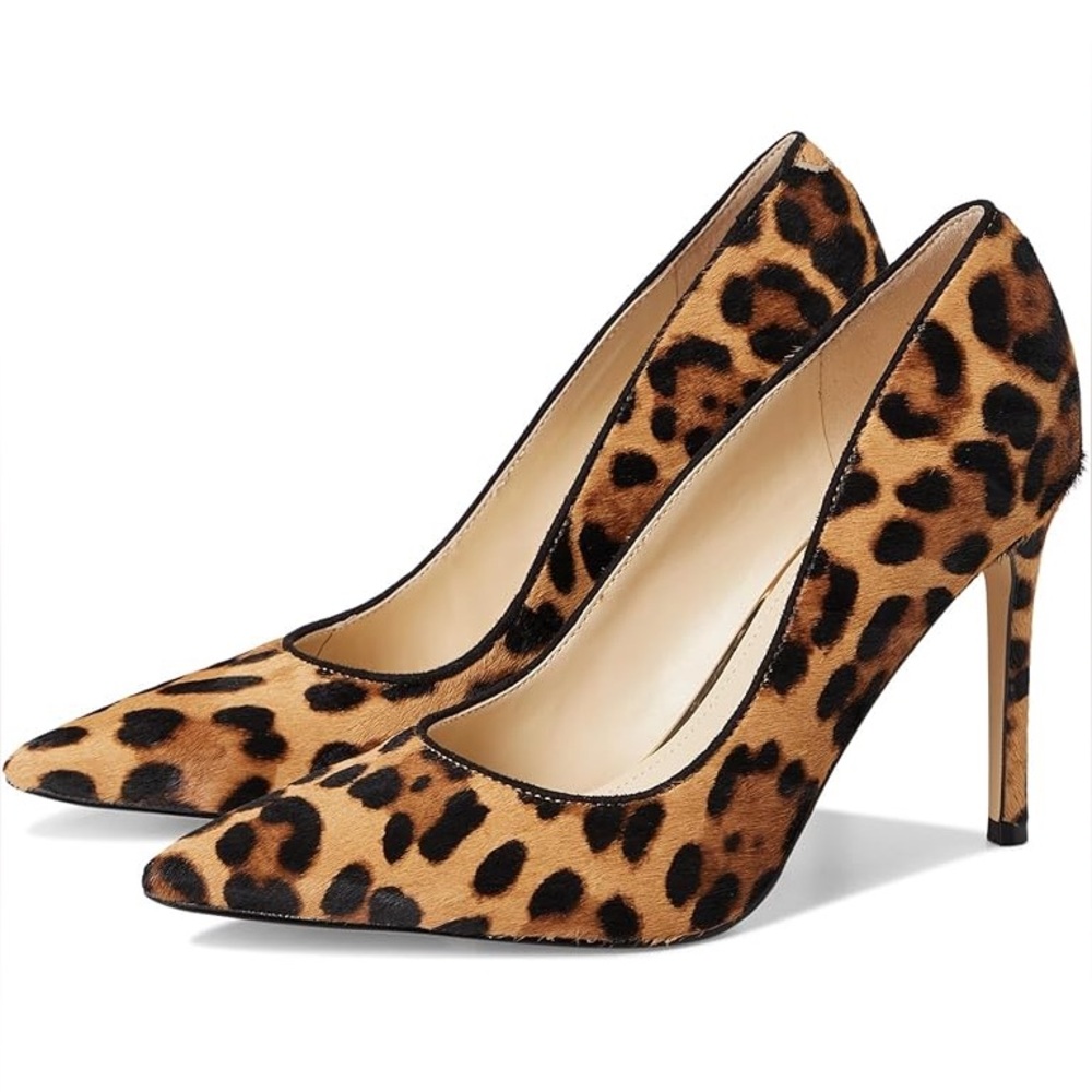 Jessica Simpson cow hair fur leopard print kitten stiletto heels pointy toe